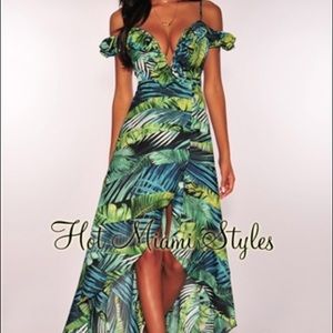 Green Palm Print Off Shoulder Ruffle Maxi Dress
